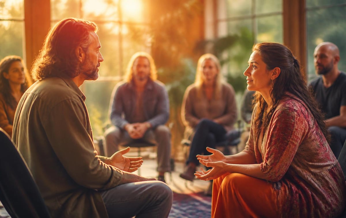 A coaching conversation in natural light between two people seated facing each other